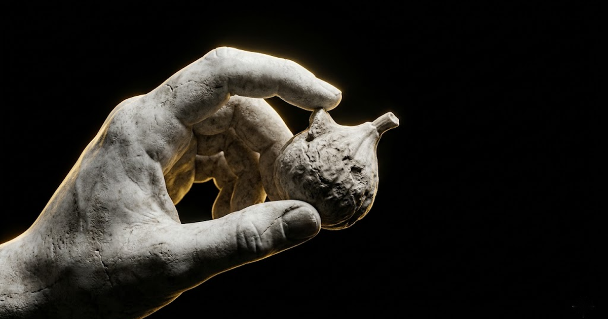 Marble Roman hand inspecting a single carved stone fruit, lit by a thin gold rim against black