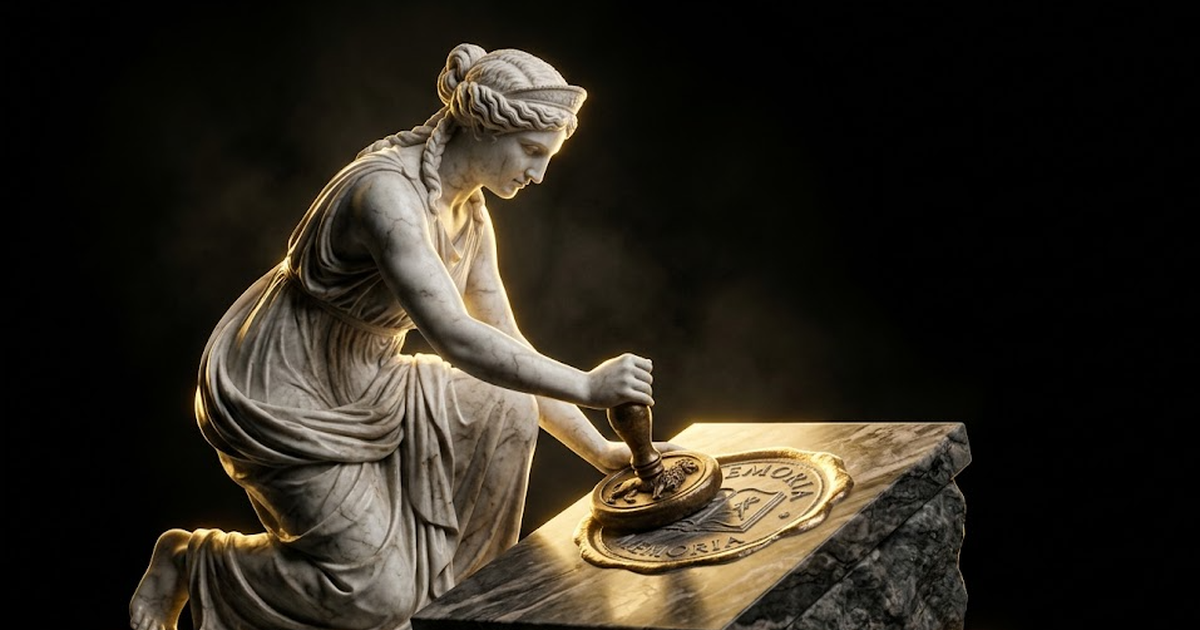 A carved marble figure of Mnemosyne pressing a seal into a tablet, gold light catching the impression, deep dark negative space around her