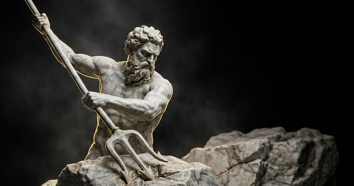 A monumental marble figure of Poseidon driving a trident into stone bedrock, gold rim light along the metal, anchoring the structure into rock