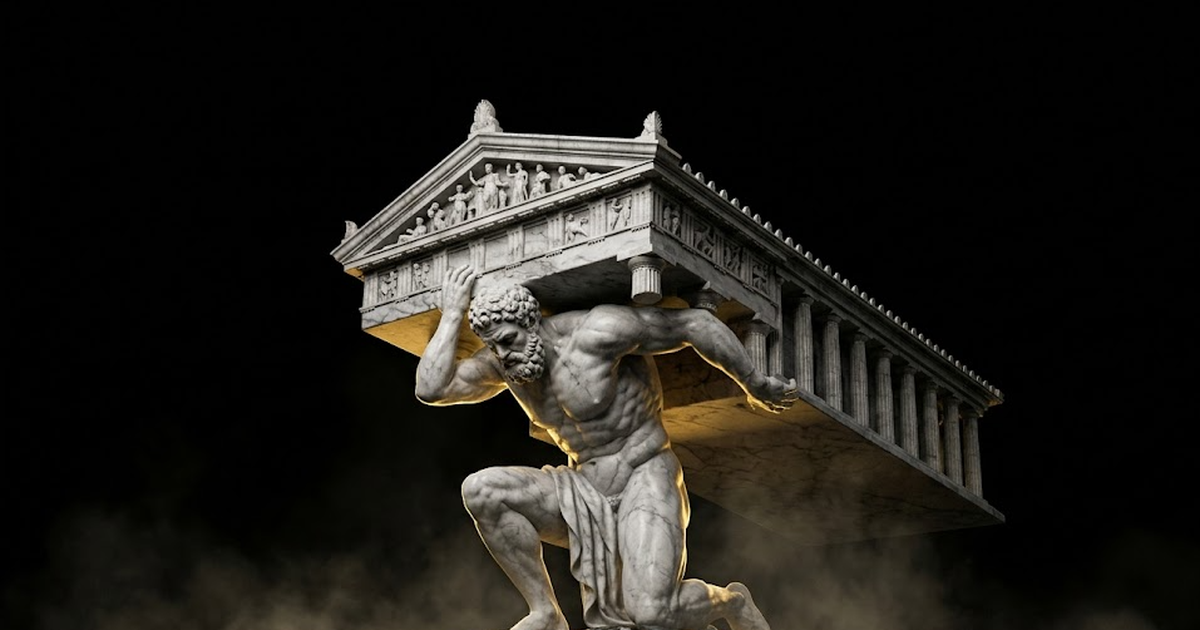 A marble figure of Atlas bearing a vast architectural structure on his shoulders, gold light raking across the strain in his form, vast dark space behind