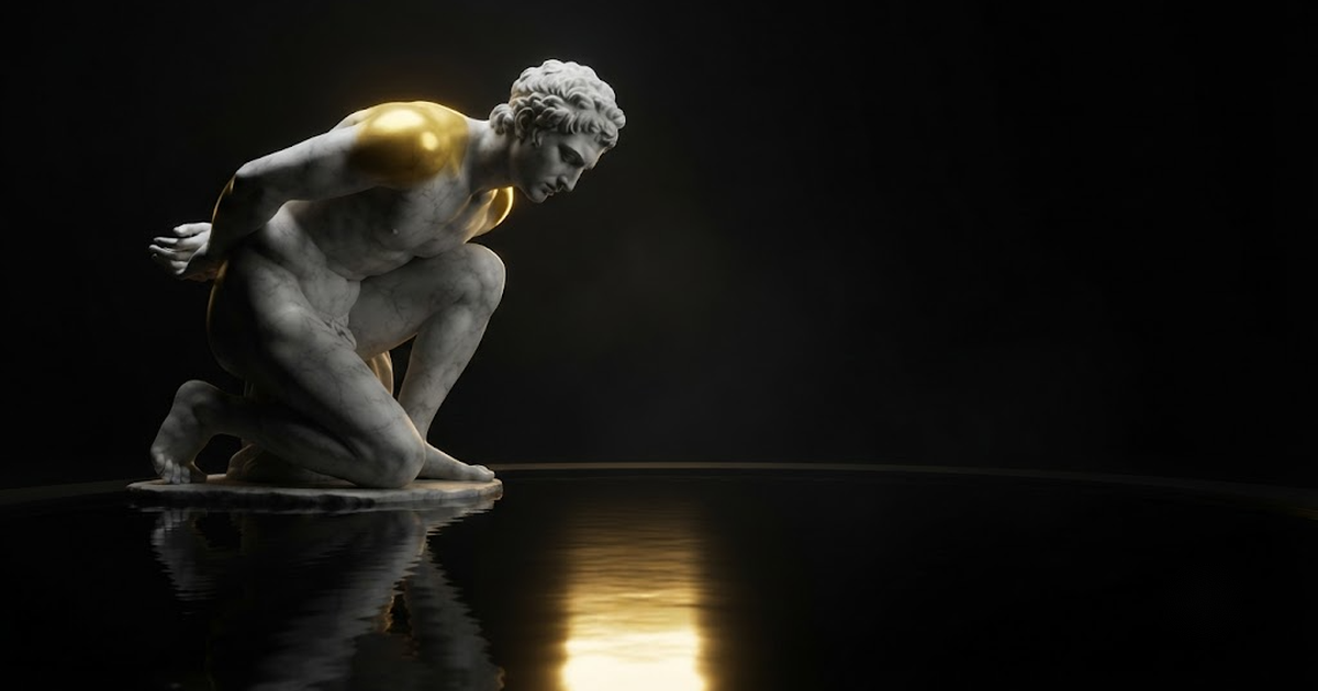 Narcissus kneeling over a still black pool, nodding approval at his own reflection while never once looking at what his own hands are doing behind him, in a void of pure black, satin gold light pooling on his...