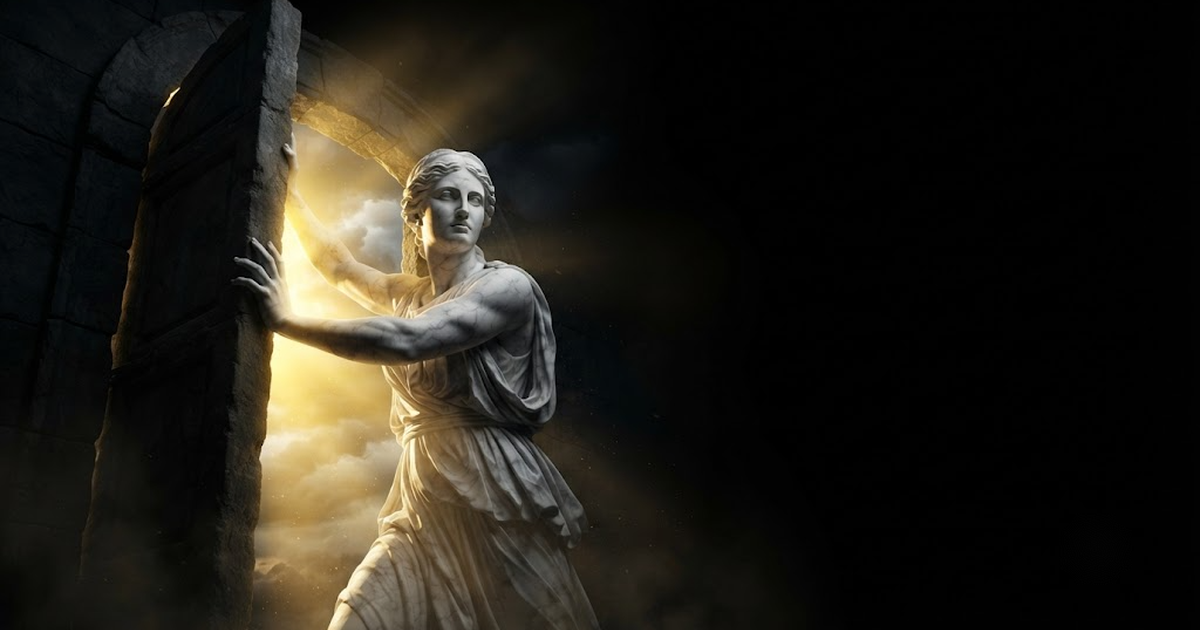 Eos shouldering open a vast stone gate at the edge of night, the great leaf already swung too far to ever be pulled back, in a void of pure black, satin gold light breaking through the widening gap across her braced...