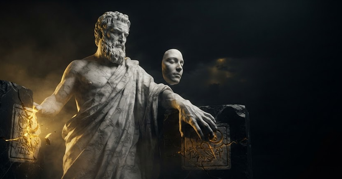 Morpheus holding a borrowed sleeping face at arm's length away from his own head while pressing his bare palm hard into a stone seal to prove which hand truly acted, in a void of pure black, satin gold light raking...