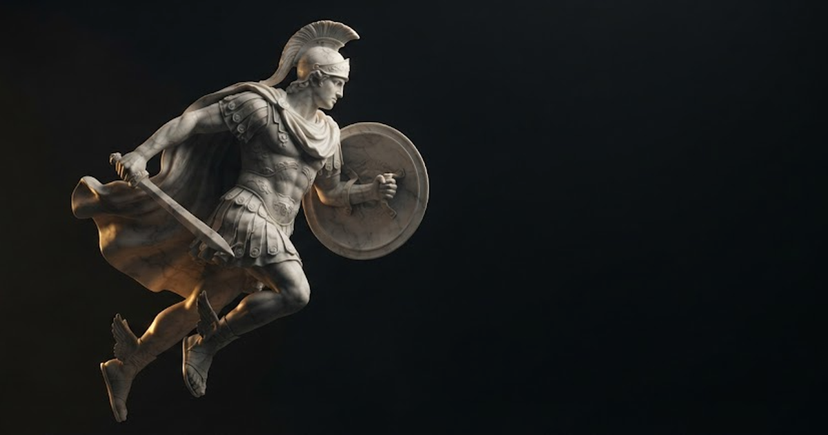 Perseus at full stride with winged heels lifting clear of the ground, his heavy shield strapped close rather than set down, the carried gear driving his speed instead of dragging at it, in a void of pure black, satin...