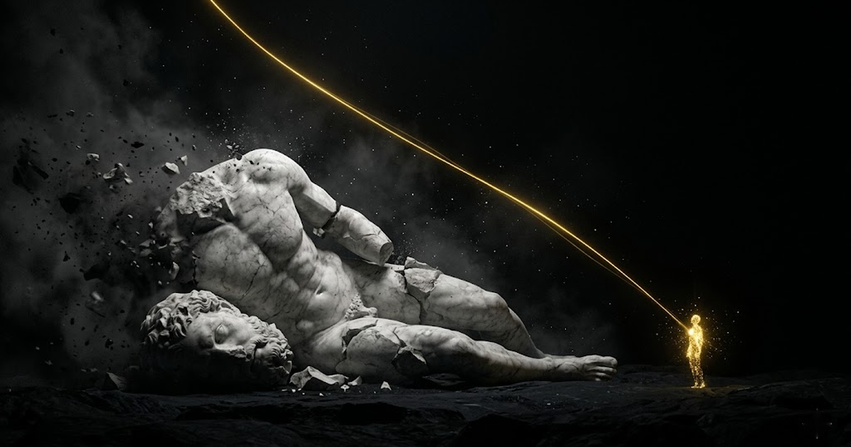 A colossal marble titan dissolving into shadow against a void black field, with a single thread of golden light descending toward a smaller, sharper figure made of constellation points