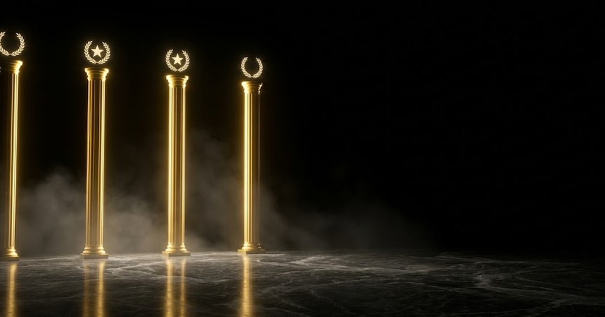 Four golden pillars of light rising from a dark marble floor into a void, each crowned with a faint Greek emblem, arranged like the columns of a small temple