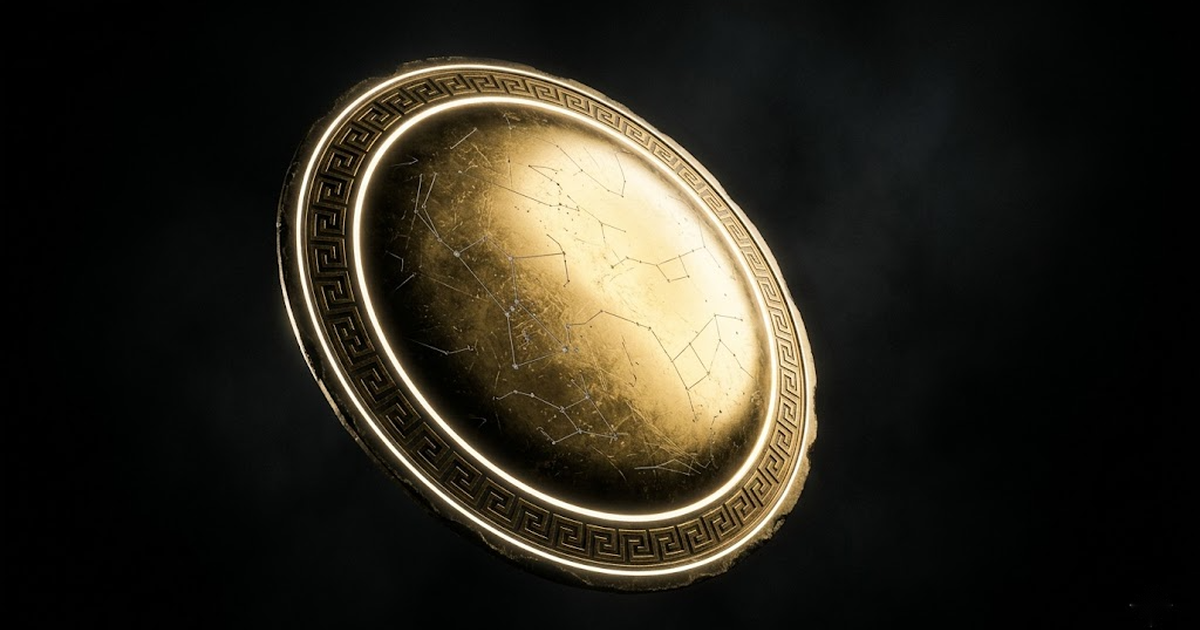 A golden aegis shield rendered in chiaroscuro against deep black, its surface etched with faint constellations, a clear hard rim of light marking the boundary between protected interior and surrounding void