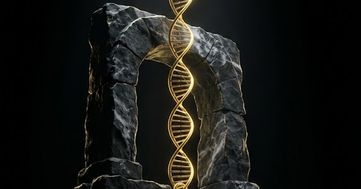A pantheon of golden light suspended above a foundation of dark stone, a single golden helix descending through it into a chain of luminous links anchored deep below, all against an endless void