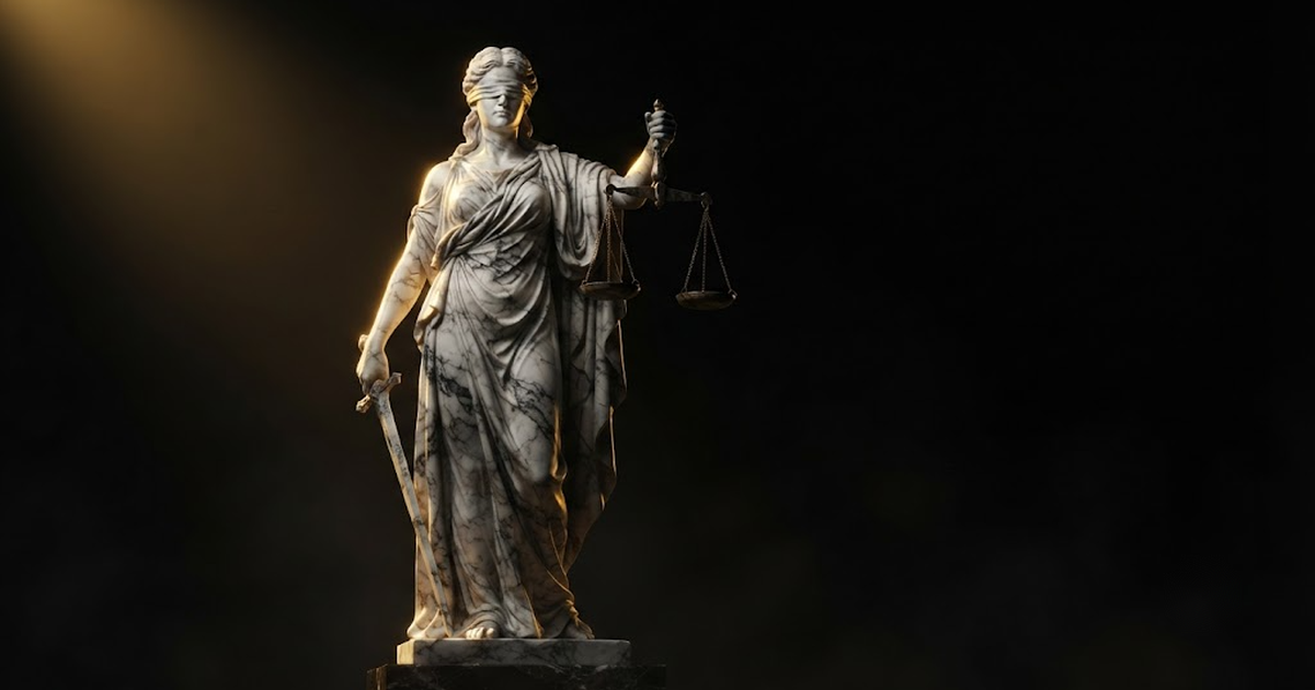 A colossal marble figure of Themis standing upright holding level scales, lit by gold light against a black void