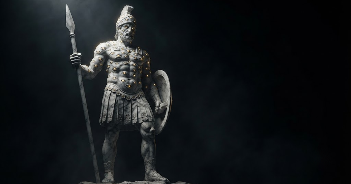 A colossal marble figure of Argus Panoptes covered in watchful eyes, gold light glinting across the stone against a black void