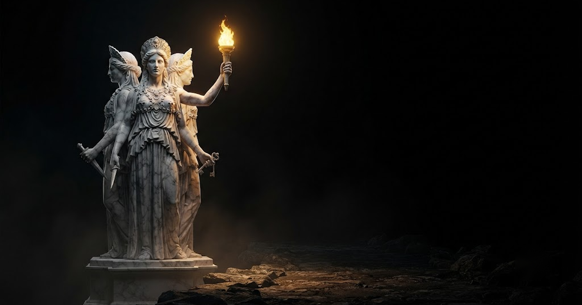 A colossal marble figure of Hecate holding a single raised torch, gold flame lighting a threshold against a black void