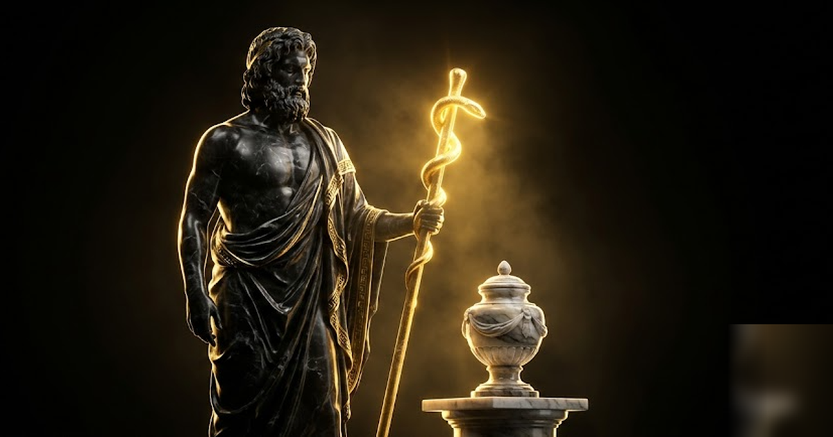 Cinematic Greek pantheon scene, Asclepius the god of healing in black marble and satin gold, his serpent-twined staff glowing with golden light over a sealed marble vessel, void-black background, dram