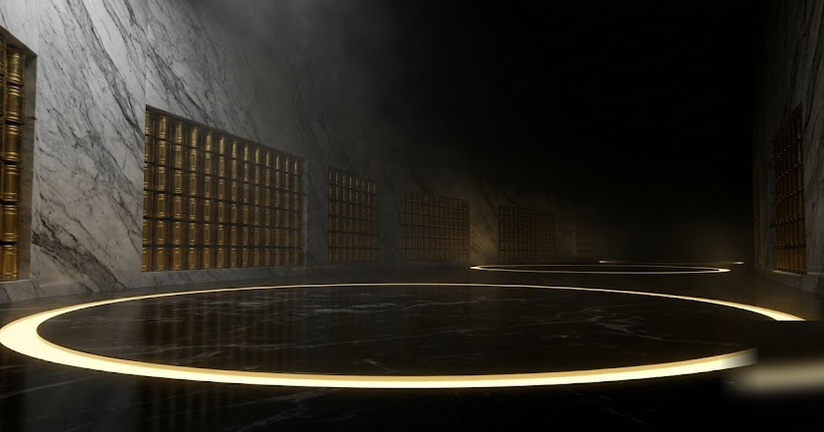 A black-marble sanctuary of sealed golden record-vessels stretching into shadow, an unbroken ring of luminous gold around the floor, void-black void beyond, cinematic, no text, no UI, frameless, no wa