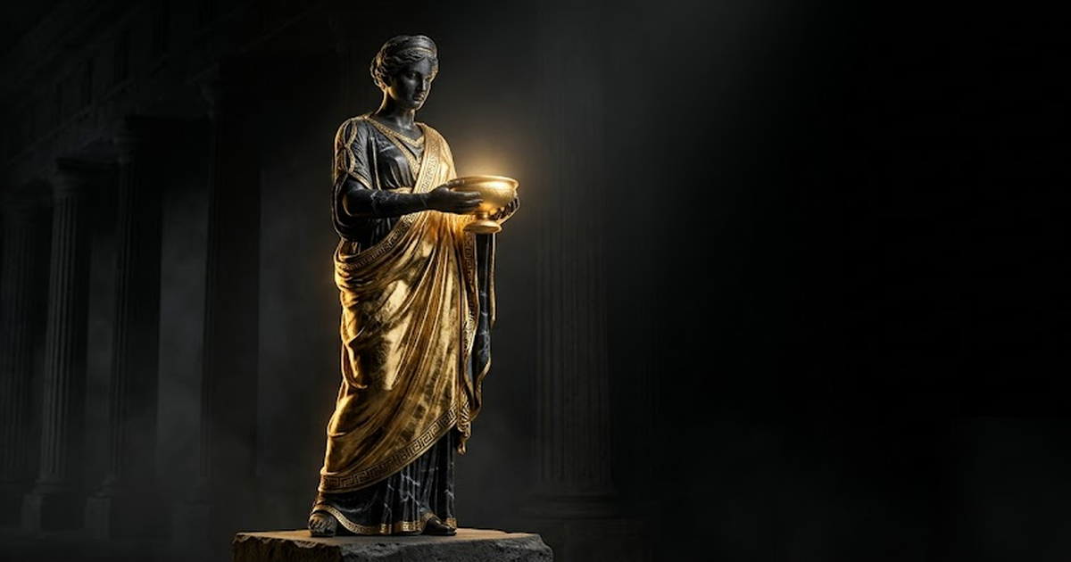 Hygieia goddess of health rendered in black marble with gold-leaf robe, cradling a single glowing golden bowl of protected knowledge, classical columns fading to dark, cinematic, no text, no charts, f
