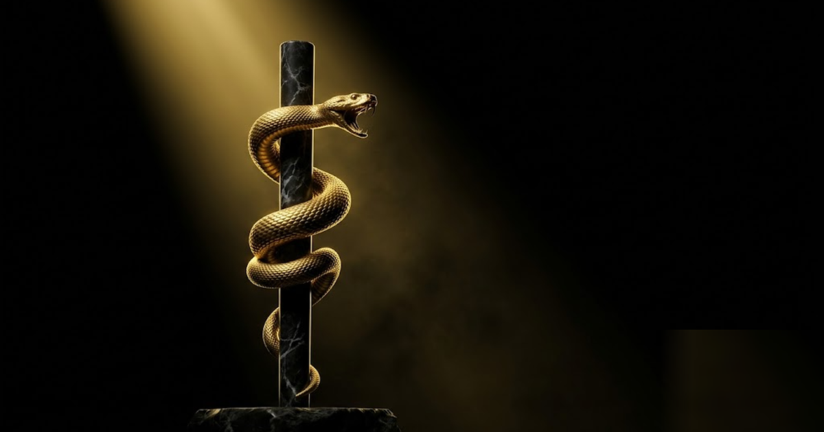 A single golden serpent coiled around a black-marble staff, glowing faintly in pure void, one dramatic shaft of light, satin-gold and void-black palette, cinematic and severe, no text, no people, fram
