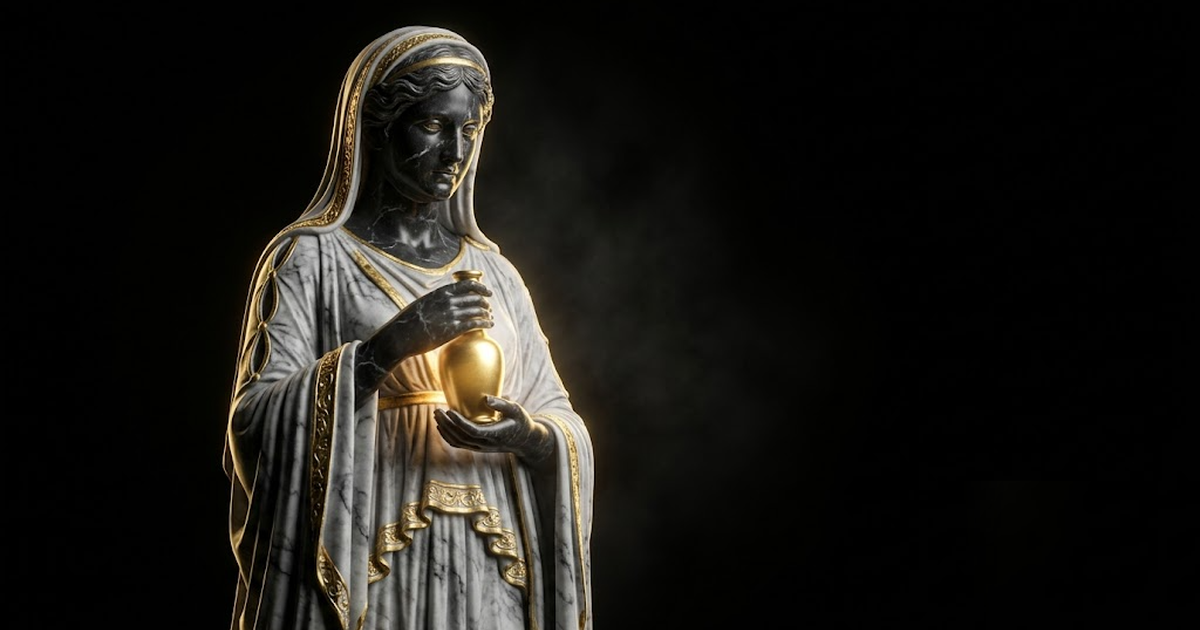 Panacea the goddess of remedy in black marble and gold, holding a luminous golden phial close, watchful and protective, void-black surround, cinematic, no text, no UI, no charts, frameless, no waterma