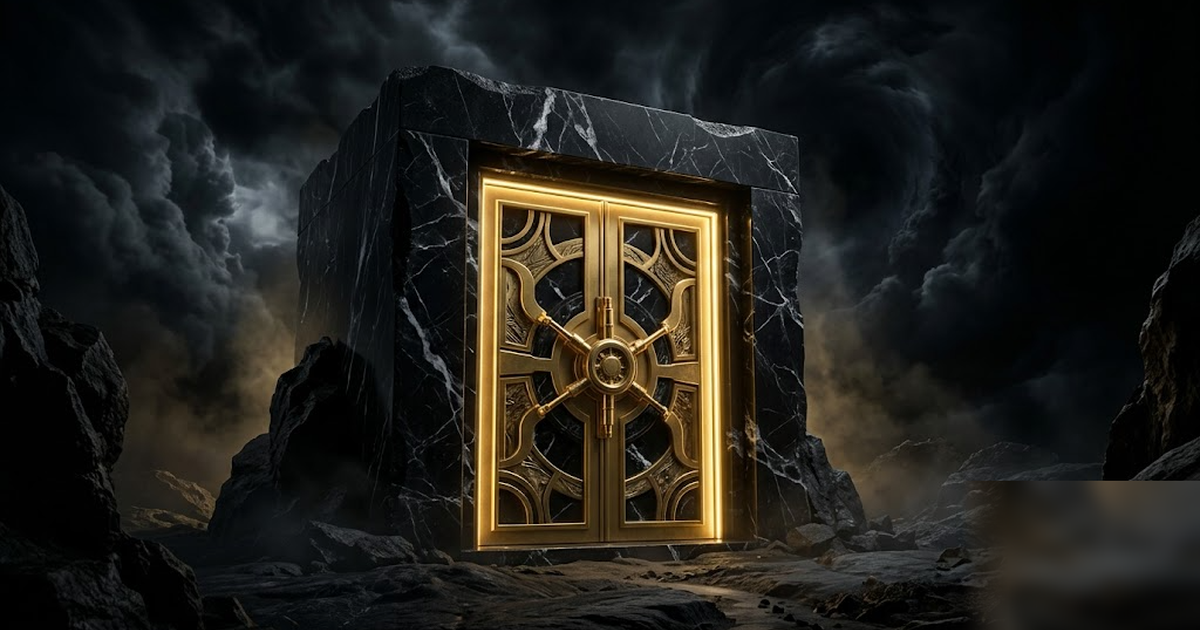A black-marble vault of patient records, its golden-edged door seamless and sealed, glowing from within, stormy void above, satin-gold and void-black, cinematic and dignified, no text, no people, fram