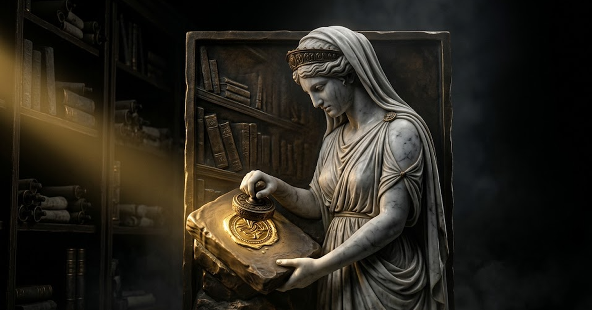 A bronze relief of Mnemosyne pressing a seal into a tablet, gold light catching the stamped mark while the surrounding archive dissolves into darkness