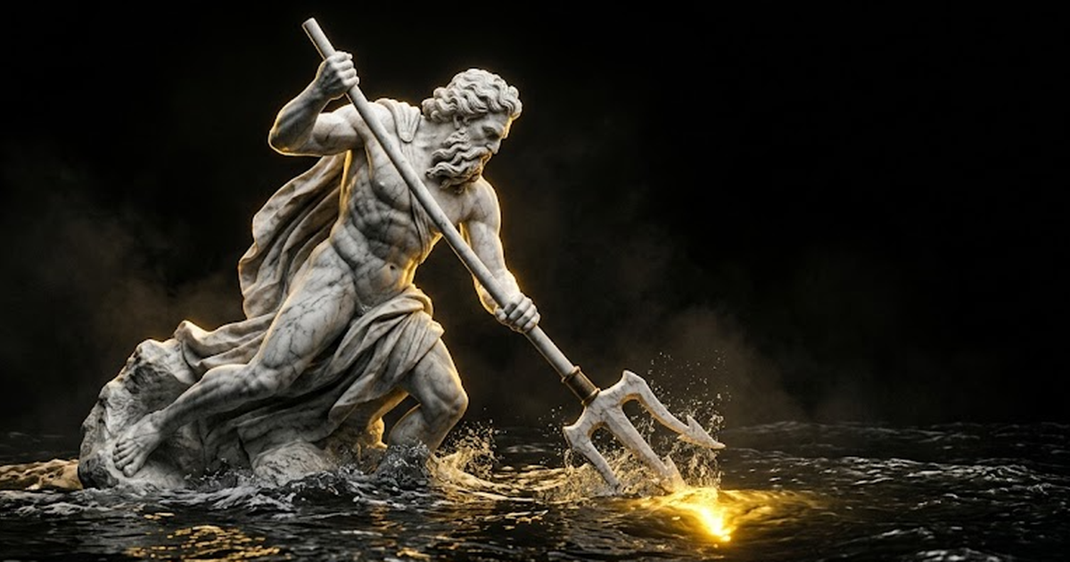 A colossal marble Poseidon driving a trident into dark water, a single point of gold light fixed beneath the surface like an anchor in the deep