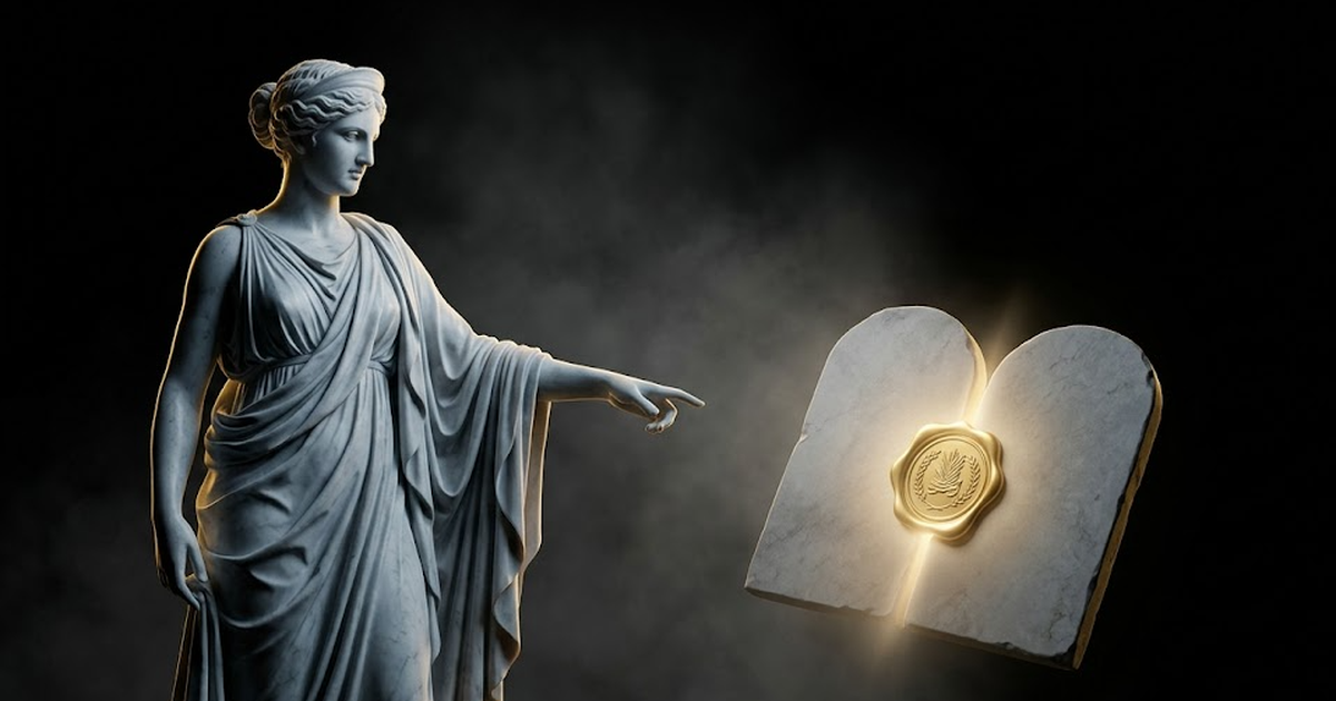 A marble figure of the Delphic Oracle gesturing toward two carved tablets that resolve into a single gold-lit seal, deep shadow framing the reconciliation