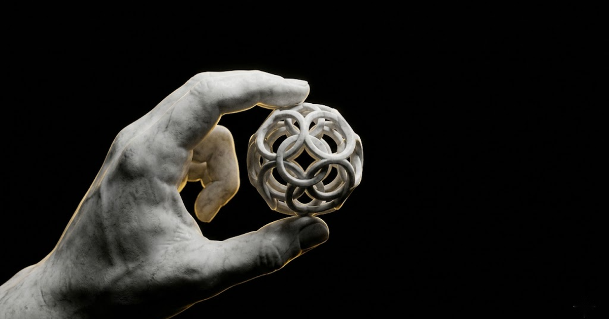 A classical marble hand holding a carved lattice sphere, lit by gold rim light against black, symbolising a generated molecule presented as evidence.