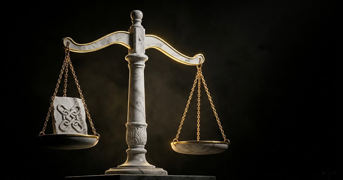 Marble scales of justice holding a tablet engraved with a chain-link motif, gold-lit against black, evoking the hash-chained record weighed by a court.