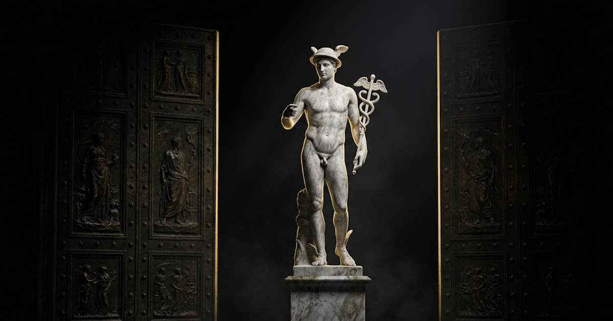 A marble Hermes standing between two bronze treasury doors under hard gold rim light, one door inscribed faintly as American, the other European, dark void around him