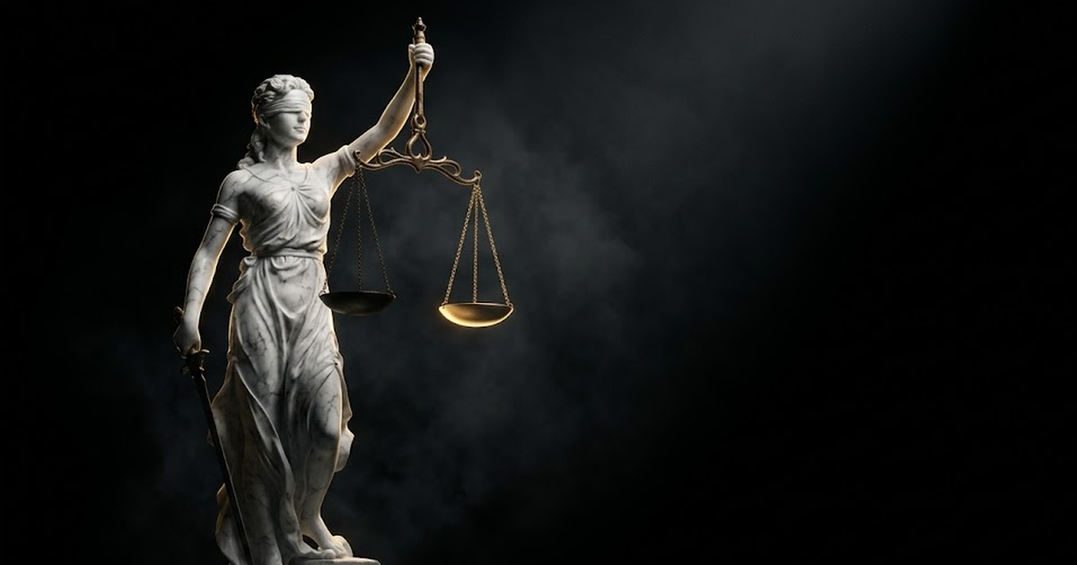 Themis in white marble holding scales, one pan lit gold and one in shadow, the two pans visibly failing to balance, deep void black background