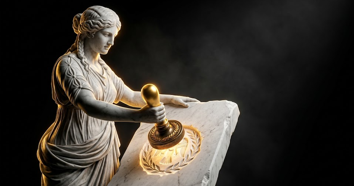 Mnemosyne in carved marble pressing a glowing gold seal into a tablet, hard rim light catching the impression, volumetric haze, wide cinematic frame on void black