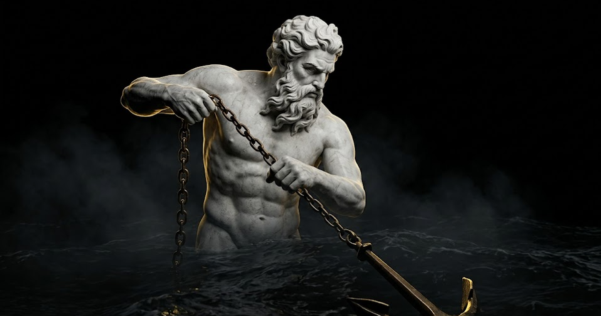 Poseidon in white marble lowering a great bronze anchor into dark water, gold rim light along the chain, the anchor catching light far below, generous void black negative space, wide cinematic composition
