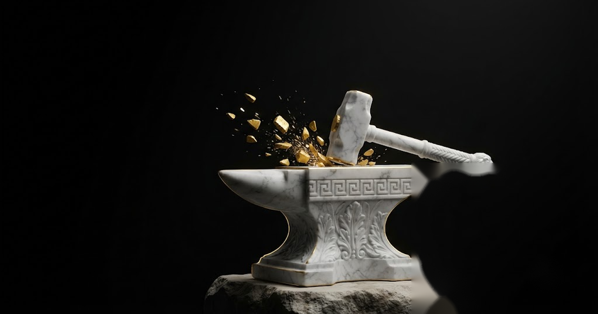 Classical marble scene, Hephaestus, gold rim light on void black