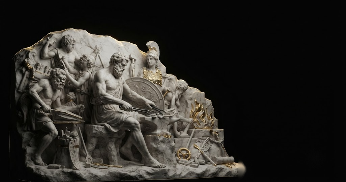 Classical marble scene, Hephaestus, gold rim light on void black