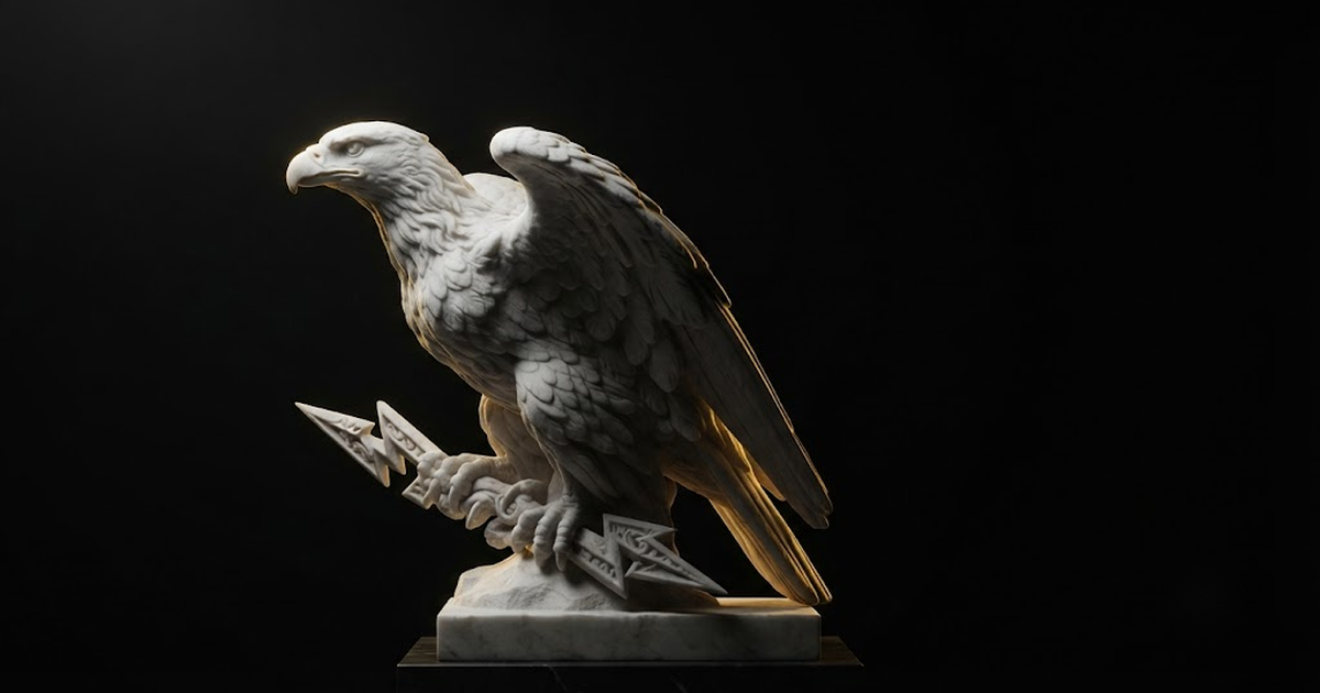 Classical marble scene, Zeus, gold rim light on void black