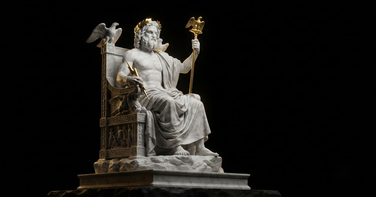 Classical marble scene, Zeus, gold rim light on void black