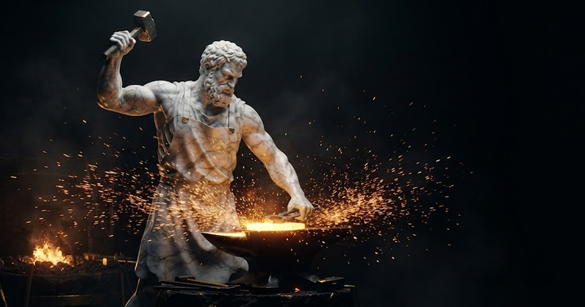 A colossal marble Hephaestus striking a foundation stone at a glowing forge in a black void lit by satin gold light.