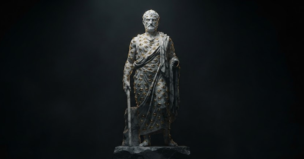 A giant marble Argus figure covered in many eyes glinting with gold light, standing watch in a black void.