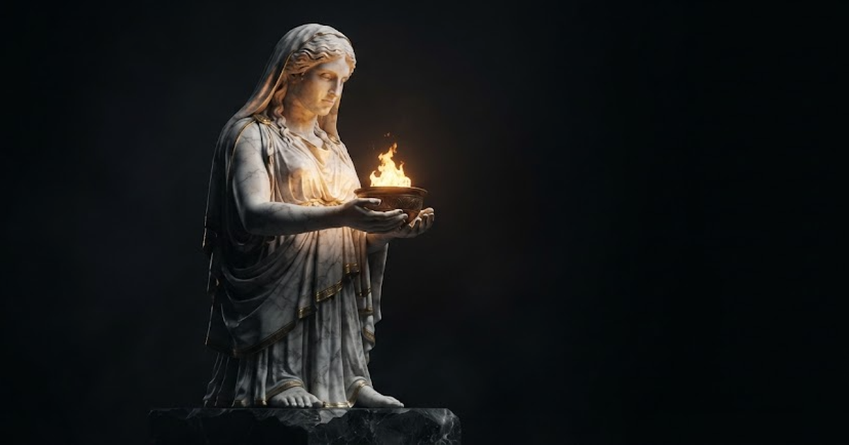 A colossal marble Hestia holding a guarded golden flame in cupped hands within a black void.