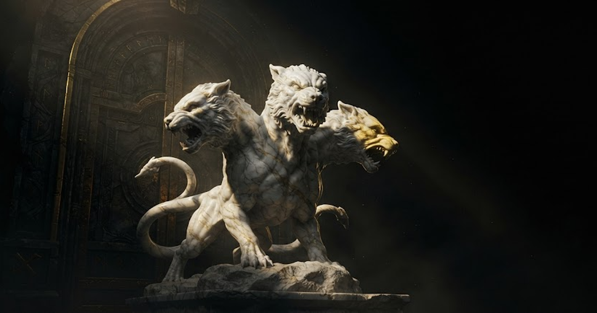 A three-headed marble Cerberus guarding a sealed gate, lit by shards of gold light in a black void.