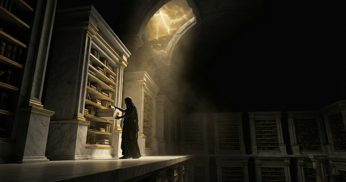 A vast void-black underworld archive lit by satin gold, endless shelves of sealed scrolls receding into darkness, a hooded figure cataloguing copies as they pass a glowing gate