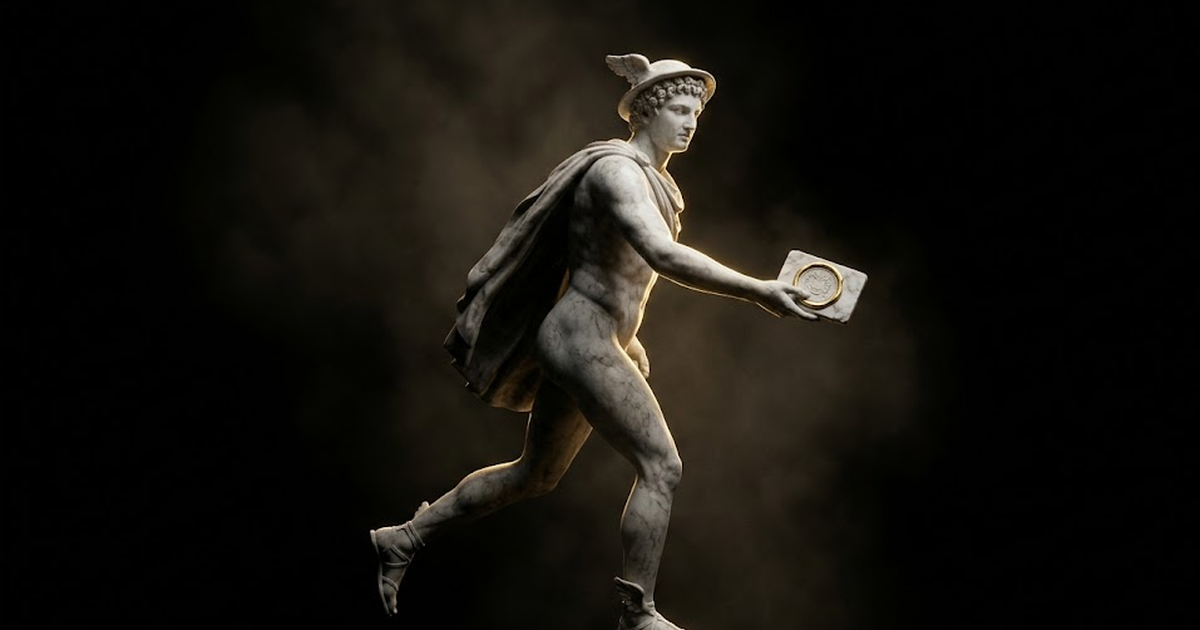 A photoreal carved white marble Hermes in mid-stride against pure void black, a sealed wax tablet held out in one hand, hard satin-gold rim light catching the edge of the seal while the rest falls into deep shadow and volumetric haze.