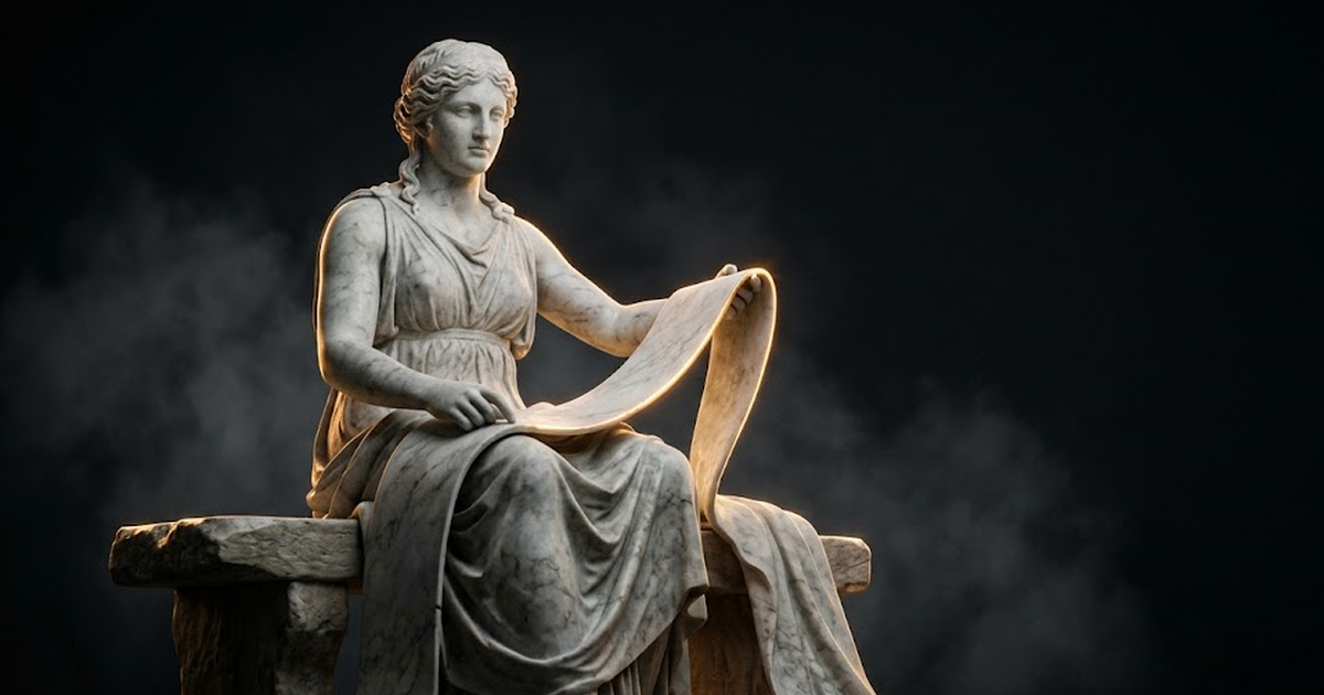 A photoreal marble Mnemosyne, goddess of memory, carved in luminous white stone against pure void black, holding an unfurled scroll whose edge is lit by a hard line of satin gold, the rest of the figure modelled in deep bronze shadow and drifting haze.