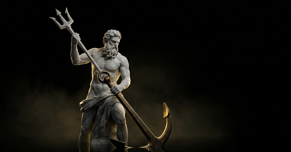 A colossal photoreal marble Poseidon waist-deep in still black water against void black, driving a great anchor into the seabed, his trident catching a single hard stroke of satin-gold rim light, water and haze rendered in deep cinematic chiaroscuro with vast dark negative space.