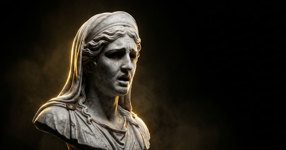 A marble bust of the Delphic Oracle lit by hard gold rim light against pure black, mouth parted mid-utterance, the source of the prophecy hidden in shadow