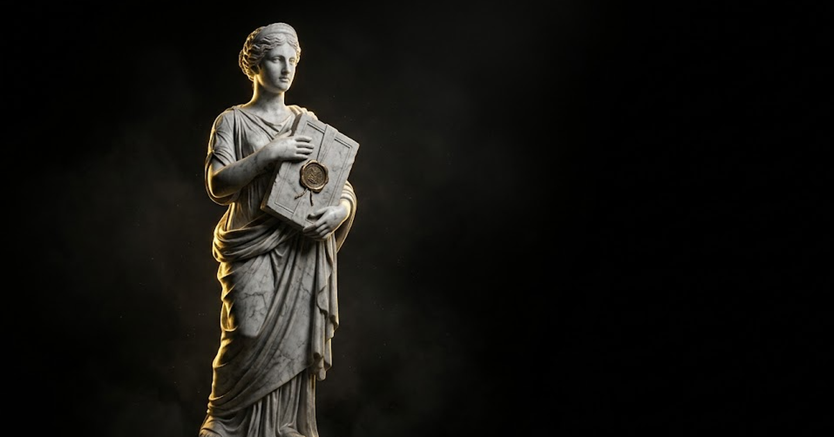 Mnemosyne, goddess of memory, carved in marble pressing a sealed tablet, gold rim light tracing the seal, vast dark negative space around her