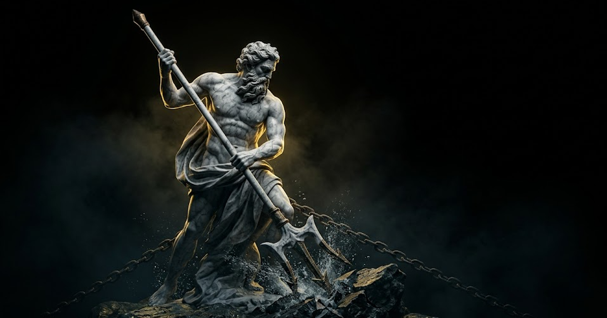 Poseidon in carved marble driving a trident into bedrock beneath dark water, hard gold rim light on the figure, anchor chains taut into the depths