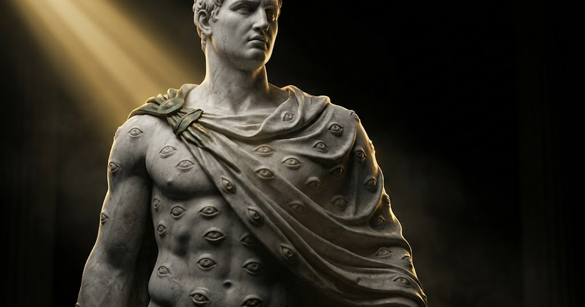 A colossal carved white marble statue of Argus Panoptes, his body and robe studded with watchful eyes, lit by a single shaft of satin gold against pure void black, aged bronze drapery at his shoulder. No text, no lettering, no numbers, no watermark, no signature, no modern logos, no frame, no border.