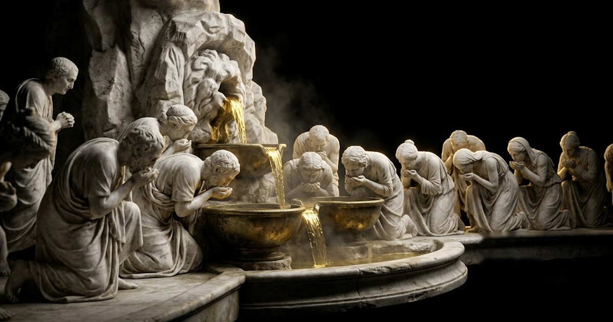 Many pale marble figures kneeling to drink from a single carved spring, gilded water catching satin gold light, the rest of the colonnade lost in void black, aged bronze basins between them. No text, no lettering, no numbers, no watermark, no signature, no modern logos, no frame, no border.