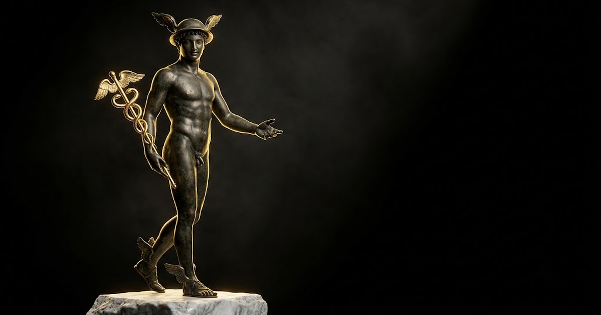 A gilded bronze statue of Hermes, winged sandals and herald's staff, one hand open and one hand half hidden, satin gold edge light against pure void black, white marble plinth below. No text, no lettering, no numbers, no watermark, no signature, no modern logos, no frame, no border.