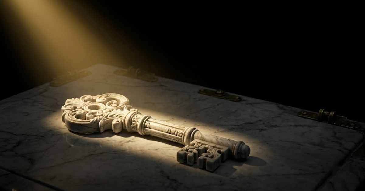 A single ornate carved key resting on white marble, struck by one beam of satin gold, the surrounding hall in pure void black, faint aged bronze fittings along the edge. No text, no lettering, no numbers, no watermark, no signature, no modern logos, no frame, no border.