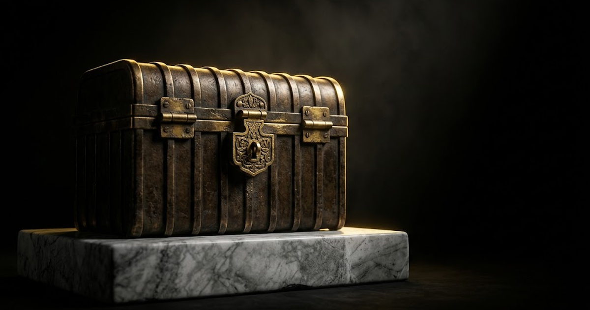 A heavy sealed bronze strongbox on white marble, lid clasped with a carved lock, satin gold highlight along its ribs, set deep in pure void black, aged bronze hinges catching the light. No text, no lettering, no numbers, no watermark, no signature, no modern logos, no frame, no border.